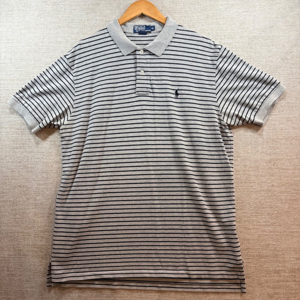 Polo Ralph Lauren Men XL Grey Black Striped Cotton Pique Polo Classic Preppy EUC - Picture 2 of 12